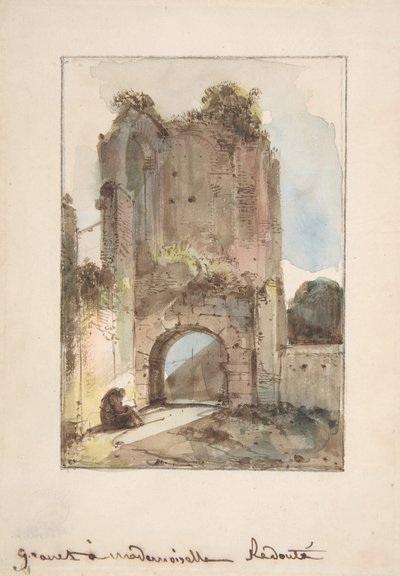 Mnich siedzący przed zrujnowaną bramą, b.d. autorstwa Francois Marius Granet