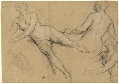 Arkusz studiów: Trzy kobiety i dłoń (recto); Szkice aktów męskich, głów i dłoni (verso) autorstwa Francois Marot