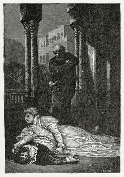 Dona Sol umiera na zwłokach Hernaniego, XIX w. (rycina bw) autorstwa Francois Nicolas Chifflart