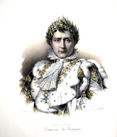 Napoleon 1. (1769-1821) w czasie koronacji w 1804 r. (rycina) autorstwa Francois Pascal Simon (after) Gerard