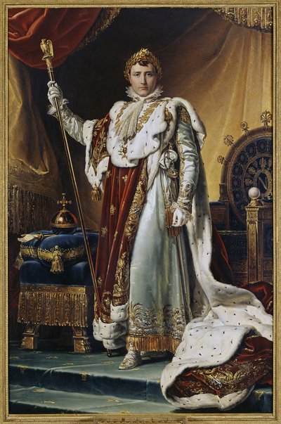 Portret cesarza Napoleona I Bonaparte (1769-1821) w stroju koronacyjnym. (Portret cesarza Napoleona I Bonaparte w szatach koronacyjnych). Obraz Francois Pascal Simon, baron Gerard (1770-1837), olej na płótnie, ok. 1804 r. Sztuka francuska autorstwa Baron François Pascal Simon Gérard