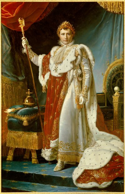 Portret u stóp Napoleona I w stroju sakralnym (1769-1821) Cesarza francuskiego Obraz Francois Gerarda (1770-1837). 1805. wym. 2,23 x 1,43 m. Wersal, musee du Chateau - Pełnowymiarowy portret Napoleona I w szatach koronacyjnych (1769-1821) Cesarz autorstwa Baron François Pascal Simon Gérard