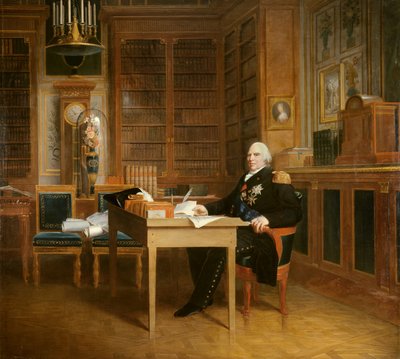 Portret Ludwika XVIII (1755-1824) ma swój gabinet w Tuileries, medytując nad obrazem Karty autorstwa Francois Gerarda (1770-1837) według Marigny. 19 wiek. Ciemny. 2,7x3,1m. - Portret Ludwika XVIII (1755-1824) rozmyślającego nad Kartą z siedzibą w autorstwa Baron François Pascal Simon Gérard