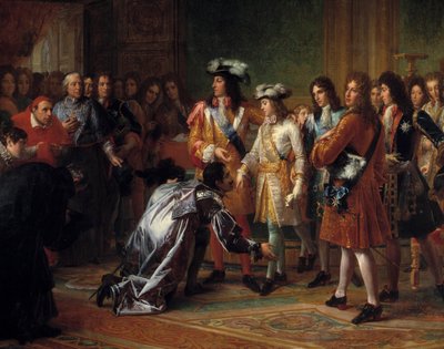 Proklamacja księcia Anjou, króla Hiszpanii pod imieniem Filipa V, 16 listopada 1700 r. (w niebieskim stroju, za kardynałem po lewej stoi Jacques-Benigne (Jacques Benigne) Bossuet). Obraz Francois Gerarda (1770-1837). XVIII-wieczne słońce autorstwa Baron François Pascal Simon Gérard