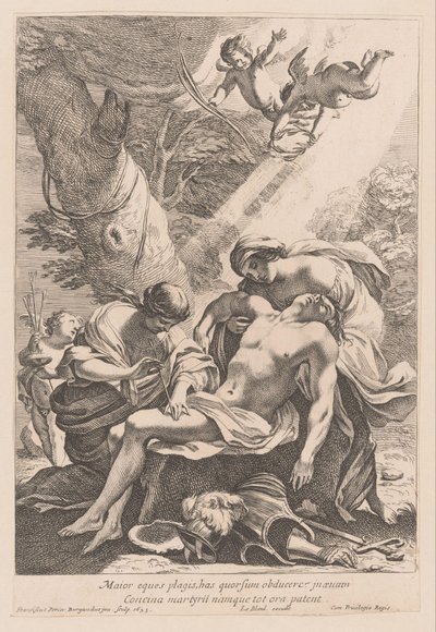 Martelaarschap van de heilige Sebastiaan Większy rycerz musi osłaniać ciosami (...) (tytuł na obiekcie) autorstwa Francois Perrier