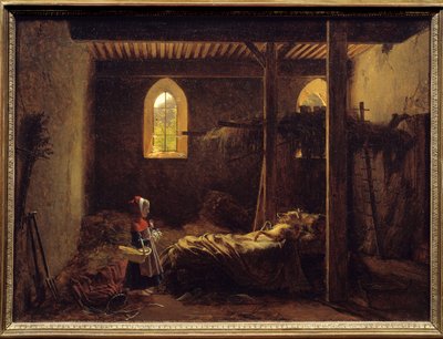 Czerwony Kapturek Ilustracja z bajki Charlesa Perraulta, Czerwony Kapturek przed wilkiem przebranym za babcię. Obraz Francois Richard Fleury (1777-1852) XIX w. Słońce. 0,35x0,47 m . autorstwa Francois Richard Fleury