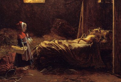 Czerwony Kapturek, detal. Ilustracja opowieści o Charlesie Perrault, małym czerwonym kapturku przed wilkiem przebranym za babcię. Obraz Francois Richard Fleury (1777-1852) XIX w. Słońce. 0,35x0,47 m . autorstwa Francois Richard Fleury