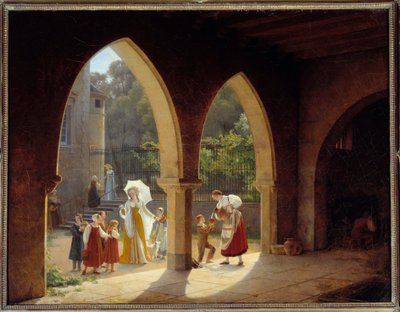 Madame Elisabeth z Francji (1764-1794), siostra Ludwika XVI asystenta w dystrybucji mleka w jej domu w Montreuil koło Wersalu Obraz Francois Richard Fleury (1777-1852) Ndz. 1,34x1,75m. Wersal, muzeum zamkowe autorstwa Francois Richard Fleury