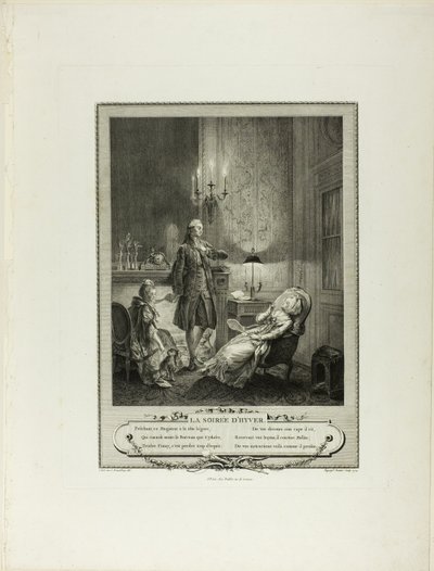 Zimowy wieczór, z Monument du Costume Physique et Moral de la fin du Dix-huitième siècle autorstwa Francois Robert Ingouf