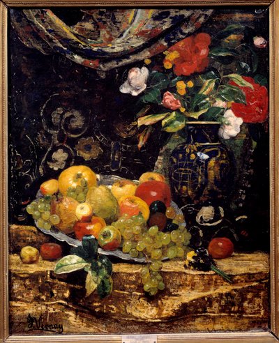 Kwiaty i owoce. Obraz Francois Vernay (1821-1896) autorstwa Francois Vernay