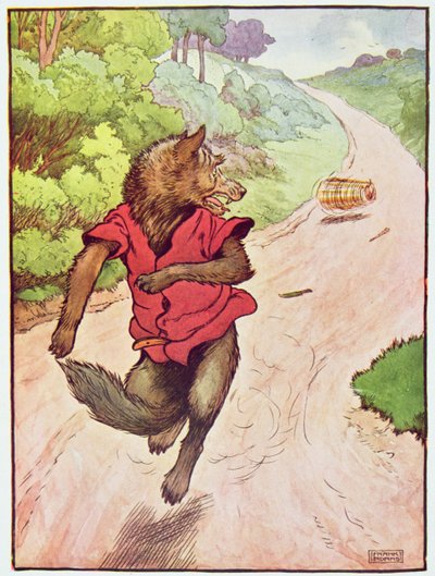 „Uciekł tak szybko, jak chciały go nogi”, ilustracja z „Trzech małych świnek” z lat 30. (kolor lito) autorstwa Frank Adams