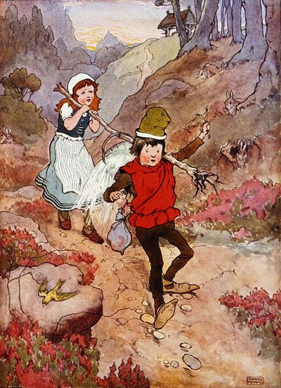 Jack and Jill, ilustracja z „Pięknej księgi rymowanki, opowieści i obrazki”, autorstwa Franka Adamsa, wydanej przez Blackie & Son (kolor litho) autorstwa Frank Adams