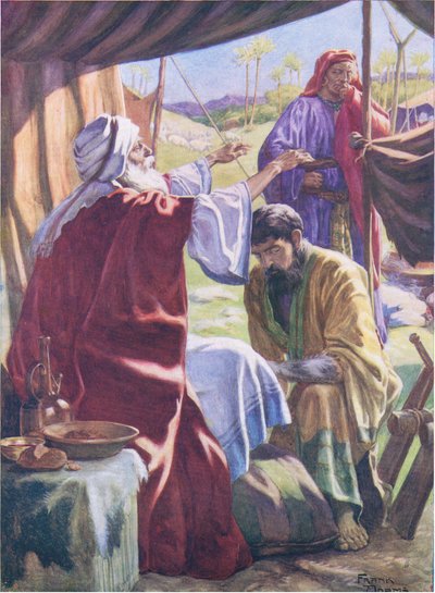 Jakub otrzymujący błogosławieństwo, z The Bible Picture Book, wyd. Thomas Nelson, ok. 1950 r. (litografia kolorowa) autorstwa Frank Adams
