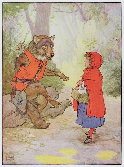 Czerwony Kapturek i Wilk, ilustracja z „Pięknej księgi rymowanek, opowiadań i obrazków” Franka Adamsa, wydanej przez Blackie and Son autorstwa Frank Adams
