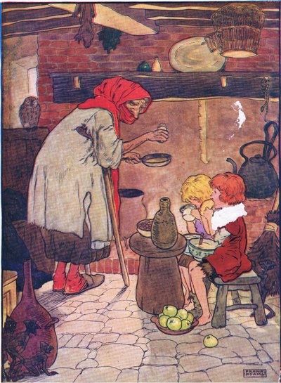 Wprowadziła ich i dała im piękną kolację, z Hansel i Gretel, wyd. Blackie & Son Limited, ok. 1940 r. autorstwa Frank Adams