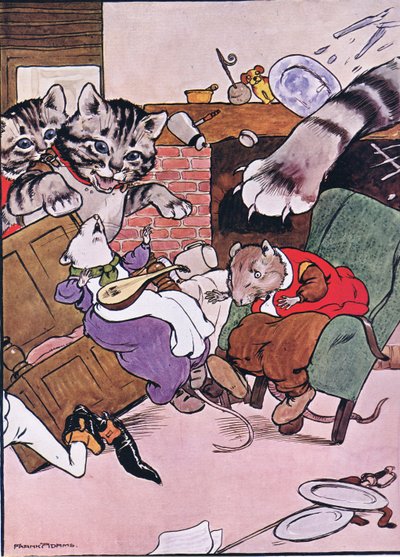 Kot i jej kocięta przyszedł tumbling w, ilustracja z "Żaba będzie Wooing Go", przez Charles H. Bennett, 1916 autorstwa Frank Adams