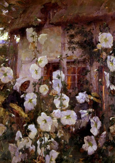 "Kobiety w ogrodzie o zmierzchu. Obraz autorstwa Franka Bramleya (1857-1915) autorstwa Frank Bramley