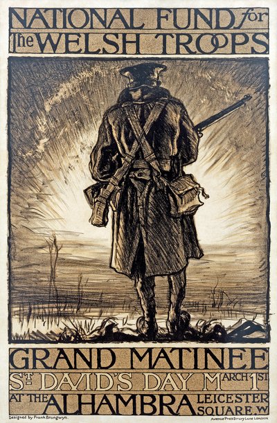 Plakat reklamujący zbiórkę pieniędzy na Narodowy Fundusz dla Walijskich Oddziałów, 1 marca 1915, autorstwa Frank Brangwyn