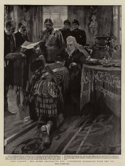 Za Valour, królowa dekorująca szanownego porucznika Robertsona znakiem V C autorstwa Frank Craig