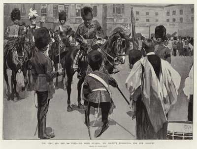 Król i 3 Batalion Scots Guards, Jego Wysokość przedstawia Nowe Kolory autorstwa Frank Craig