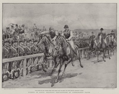 Wydarzenia w Paryżu, środki ostrożności wojskowe na wyścigach Longchamps autorstwa Frank Dadd