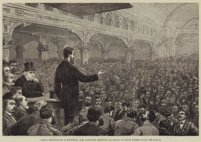 Liberalna demonstracja w Manchesterze, Lord Hartington przemawia na spotkaniu w Pomona Gardens Palace autorstwa Frank Dadd