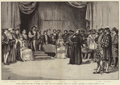 Luter przed sejmem w Wormacji, 1521, Scena z dramatu historycznego Lutra, wystawionego w Wormacji, 30 października 1883 r. autorstwa Frank Dadd