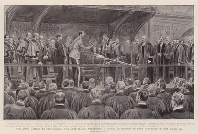 Hołd miasta dla Sirdara, Lorda Burmistrza wręczającego Miecz Honoru Lordowi Kitchenerowi w Guildhall autorstwa Frank Dadd