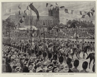 Eskorta kawalerii kolonialnej przejeżdżająca przez Parliament Street autorstwa Frank Dadd
