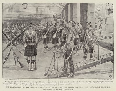 Przyjazd do domu Górali Gordona, pułkownik Mathias odprowadzający pierwszy oddział z liverpoolskich doków do Edynburga autorstwa Frank Dadd