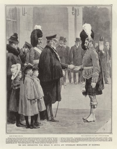 Król rozdający medale wojenne góralom z Argyll i Sutherland w Balmoral autorstwa Frank Dadd