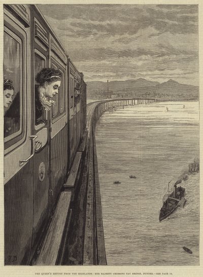 Powrót królowej z Highlands, Jej Wysokość przejeżdża przez most Tay Bridge, Dundee autorstwa Frank Dadd