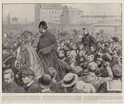 Powrót bohaterów Colenso do Portsmouth, Bugler Dunn niósł ramię w górę ulicami autorstwa Frank Dadd