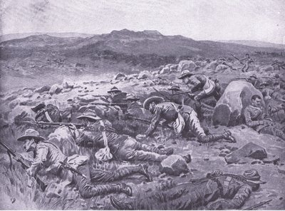 Z cesarskimi buszmenami z Queensland w Rhenoster Kop 29 listopada 1900, ilustracja z After Pretoria: The Guerilla War, 1902 autorstwa Frank Dadd