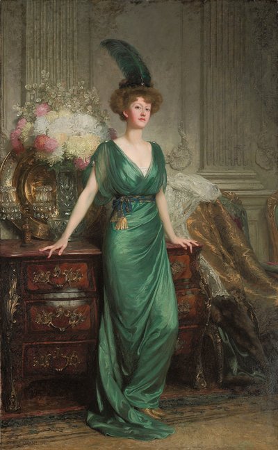 Portret Hon. Pani Ernest Guinness, Stojąca, ubrana w szmaragdową sukienkę i pióra, 1912 autorstwa Frank Dicksee
