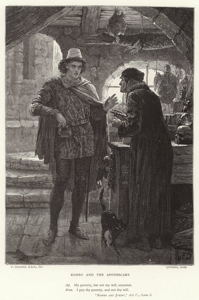 Romeo i aptekarz, Romeo i Julia, Akt V, Scena I autorstwa Frank Dicksee