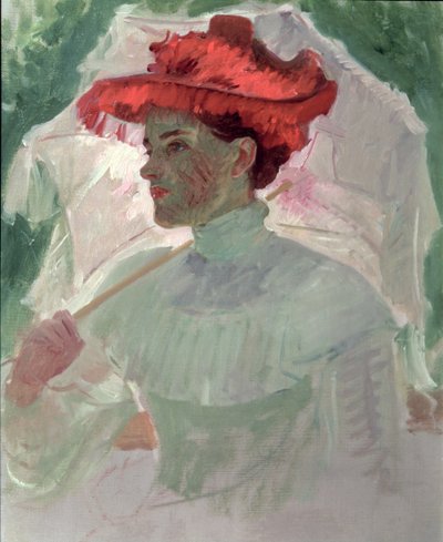 Kobieta w czerwonym kapeluszu i parasolu autorstwa Frank Duveneck