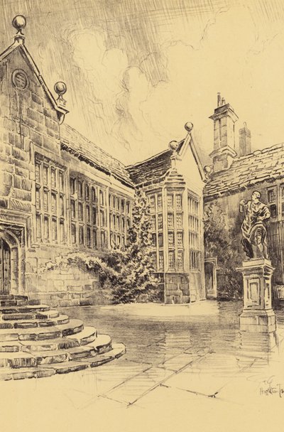 Hoghton Tower, górny dziedziniec (litografia) autorstwa Frank Greenwood