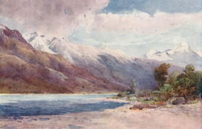 Nowa Zelandia: Na czele jeziora Wakatipu (kolorowa litografia) autorstwa Frank H Wright