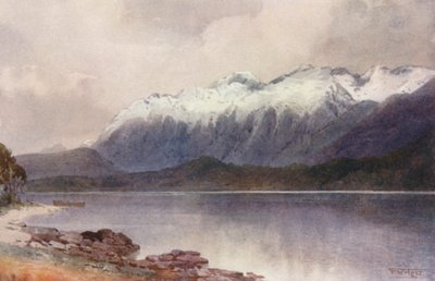Nowa Zelandia: Cathedral Peaks (kolorowa litografia) autorstwa Frank H Wright