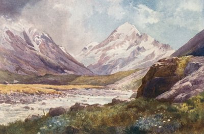Nowa Zelandia: Mount Cook (kolorowa litografia) autorstwa Frank H Wright