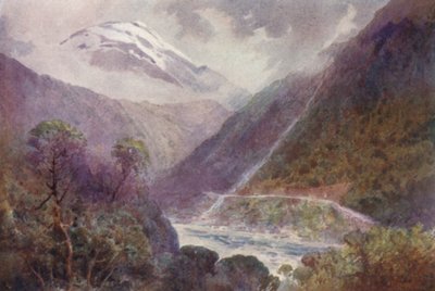 Nowa Zelandia: Wąwóz Otira (kolorowa litografia) autorstwa Frank H Wright