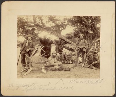 Lispenard Stewart Party, #6 - 5th Ave., N.Y. z trofeami przy starym drzewie cedrowym, Mammoth Hot Springs, Park Narodowy Yellowstone autorstwa Frank Jay Haynes
