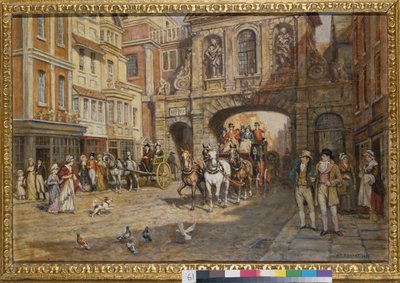 Poczta Królewska mijająca Temple Bar autorstwa Frank Moss Bennett