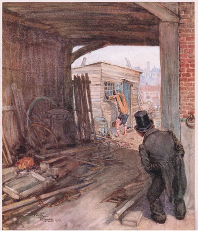 Gdy dotarł do celu, pierwszym obiektem, który rzucił mu się w oczy, była para bardzo niedoskonale obutych stóp w powietrzu, ok. 1920 r. (kolorowa litografia) autorstwa Frank Reynolds