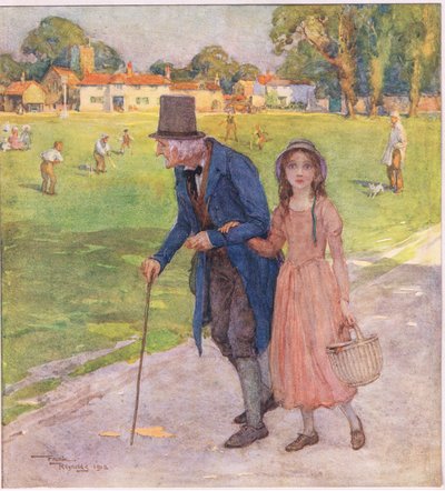 To było bardzo małe miejsce. Mężczyźni i chłopcy grają w krykieta na zielonym boisku, ok. 1920 r. (kolorowa litografia) autorstwa Frank Reynolds
