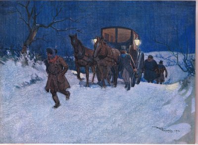Blisko końca podróży, ok. 1920 r. (kolorowa litografia) autorstwa Frank Reynolds