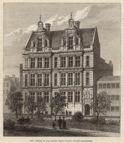 Nowe biura London School Board, Thames Embankment (grawerowanie) autorstwa Frank Watkins