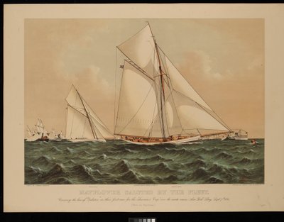 Mayflower zasalutowany przez flotę. Przejście przez dziób Galatei w jej pierwszym wyścigu o Puchar Ameryki... Zatoka Nowojorska, 7 września 1886 r. [Wygrany przez Mayflower] autorstwa Franklyn (after) Bassford