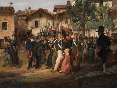 Gwardia Kampanii Narodowej maszeruje obok burmistrza. autorstwa François August Biard